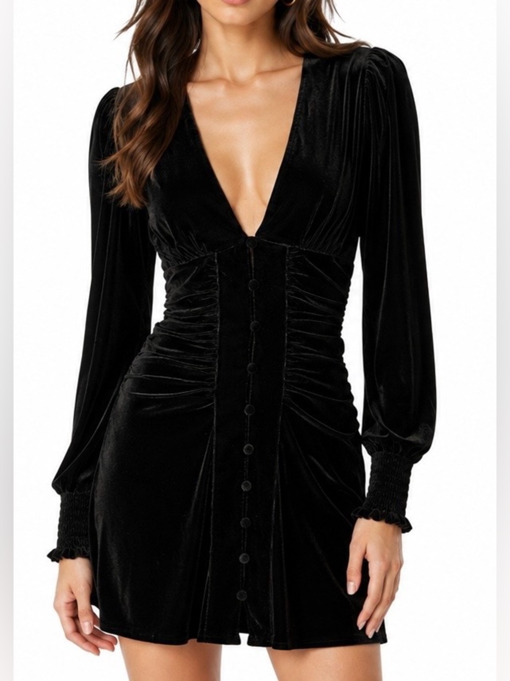 Zara Alessa Black Ruched Velvet Mini Dress XS Plunge Button Front